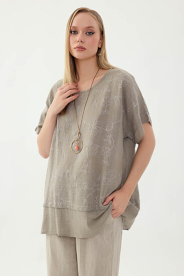 %100 Keten Çiçekli Oversize Bluz - 29