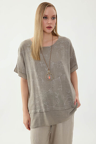 %100 Keten Çiçekli Oversize Bluz - 31