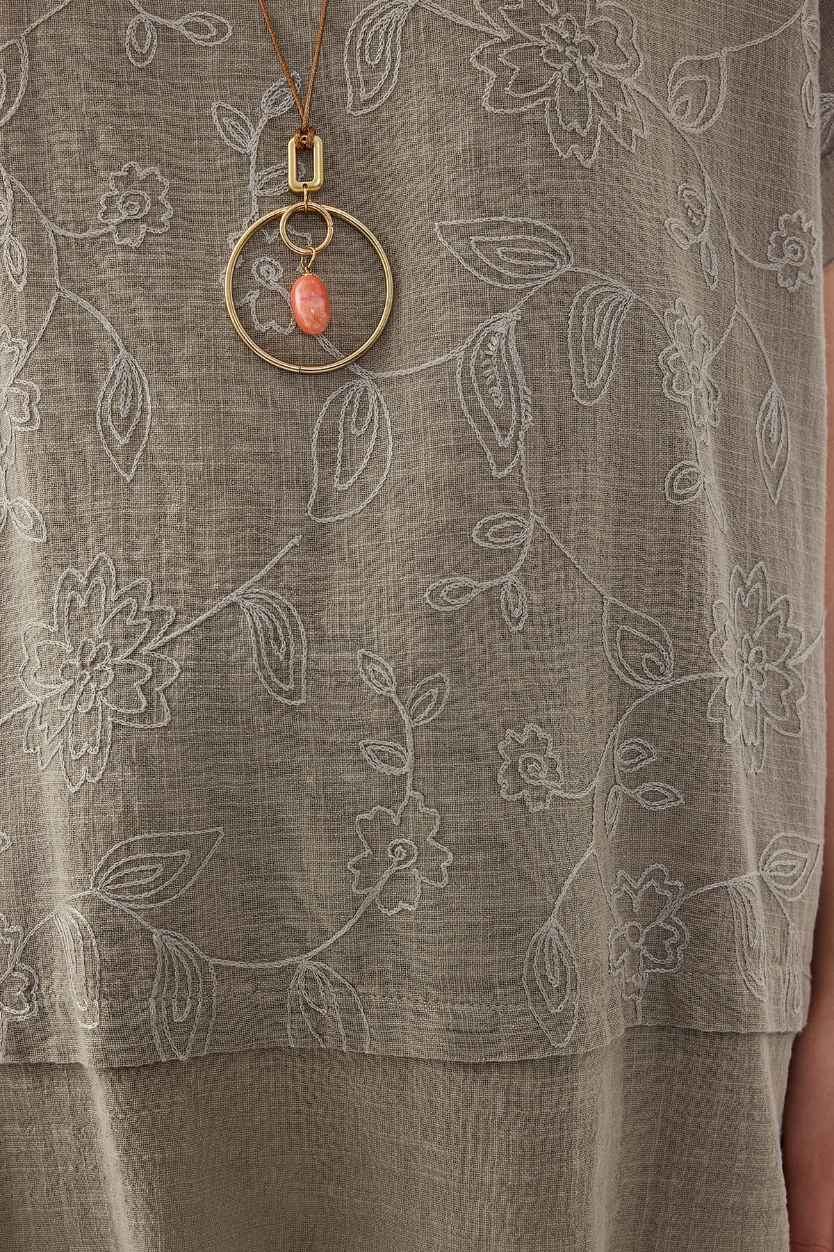 %100 Keten Çiçekli Oversize Bluz - Thumbnail