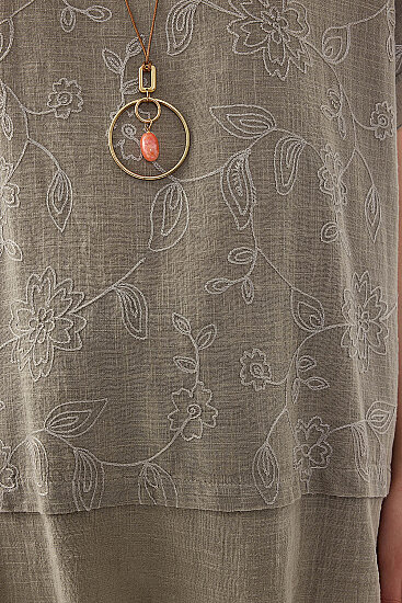 %100 Keten Çiçekli Oversize Bluz - 32