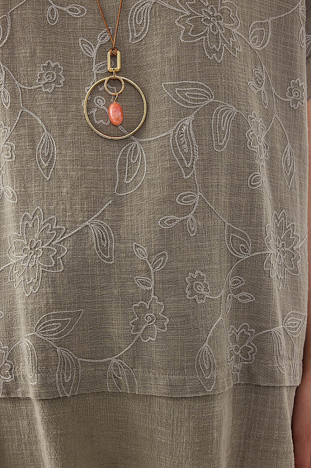 %100 Keten Çiçekli Oversize Bluz - 32