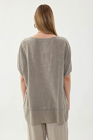 %100 Keten Çiçekli Oversize Bluz - 30