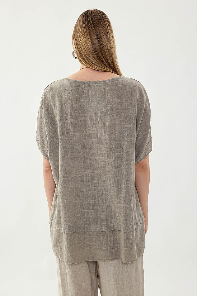 %100 Keten Çiçekli Oversize Bluz - 30