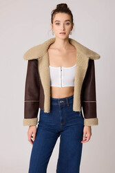 Çift Cep Suni Deri Kürklü Biker Ceket - 2