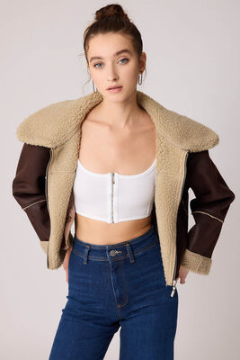 Çift Cep Suni Deri Kürklü Biker Ceket - 4