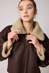 Çift Cep Suni Deri Kürklü Biker Ceket - 3