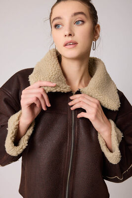 Çift Cep Suni Deri Kürklü Biker Ceket - 3