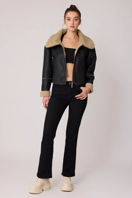 Çift Cep Suni Deri Kürklü Biker Ceket - 7