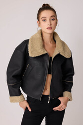 Çift Cep Suni Deri Kürklü Biker Ceket - 6