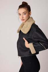Çift Cep Suni Deri Kürklü Biker Ceket - 9