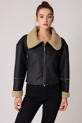 Çift Cep Suni Deri Kürklü Biker Ceket - 8