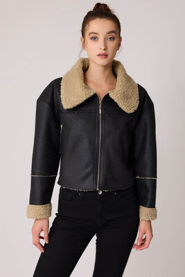 Çift Cep Suni Deri Kürklü Biker Ceket - 8