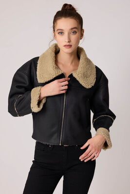 Çift Cep Suni Deri Kürklü Biker Ceket - 10