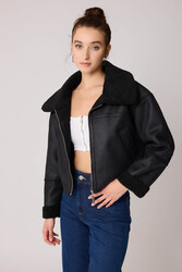 Çift Cep Suni Deri Kürklü Biker Ceket - 11