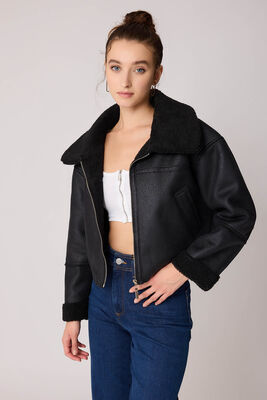 Çift Cep Suni Deri Kürklü Biker Ceket - 11