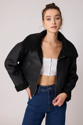 Çift Cep Suni Deri Kürklü Biker Ceket - 12