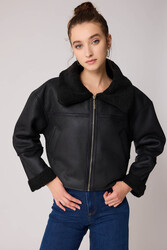 Çift Cep Suni Deri Kürklü Biker Ceket - 13