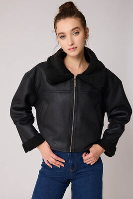 Çift Cep Suni Deri Kürklü Biker Ceket - 13