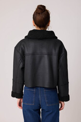 Çift Cep Suni Deri Kürklü Biker Ceket - 14