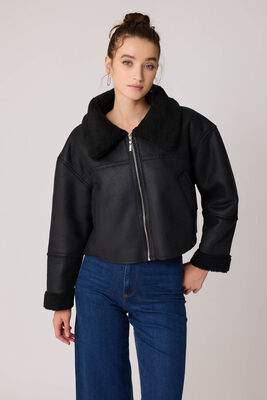 Çift Cep Suni Deri Kürklü Biker Ceket - 15