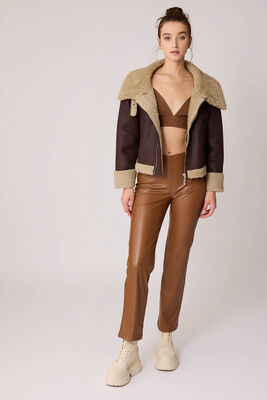 Çift Cepli İçi Kürklü Suni Deri Biker Ceket - 3