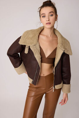 Çift Cepli İçi Kürklü Suni Deri Biker Ceket - 2