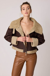 Çift Cepli İçi Kürklü Suni Deri Biker Ceket - 4