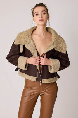 Çift Cepli İçi Kürklü Suni Deri Biker Ceket - 4