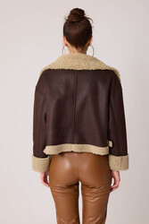 Çift Cepli İçi Kürklü Suni Deri Biker Ceket - 5