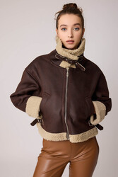 Çift Cepli İçi Kürklü Suni Deri Biker Ceket - 1