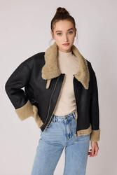 Çift Cepli İçi Kürklü Suni Deri Biker Ceket - 6