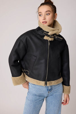 Çift Cepli İçi Kürklü Suni Deri Biker Ceket - 7