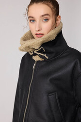 Çift Cepli İçi Kürklü Suni Deri Biker Ceket - 9