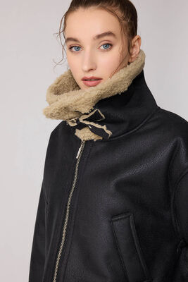 Çift Cepli İçi Kürklü Suni Deri Biker Ceket - 9
