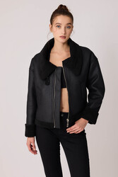 Çift Cepli İçi Kürklü Suni Deri Biker Ceket - 11