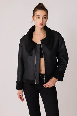 Çift Cepli İçi Kürklü Suni Deri Biker Ceket - 11