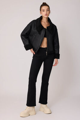 Çift Cepli İçi Kürklü Suni Deri Biker Ceket - 13