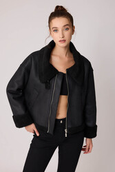 Çift Cepli İçi Kürklü Suni Deri Biker Ceket - 14
