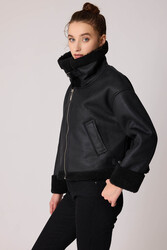 Çift Cepli İçi Kürklü Suni Deri Biker Ceket - 12