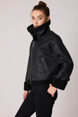 Çift Cepli İçi Kürklü Suni Deri Biker Ceket - 12