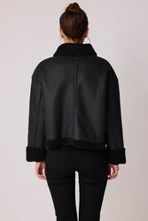 Çift Cepli İçi Kürklü Suni Deri Biker Ceket - 15