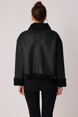 Çift Cepli İçi Kürklü Suni Deri Biker Ceket - 15