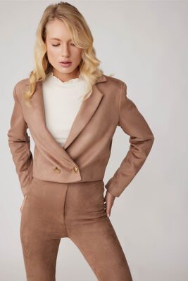 Çift Düğmeli Astarlı Crop Süet Ceket - Thumbnail (3)