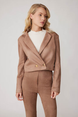 Çift Düğmeli Astarlı Crop Süet Ceket - Thumbnail (5)