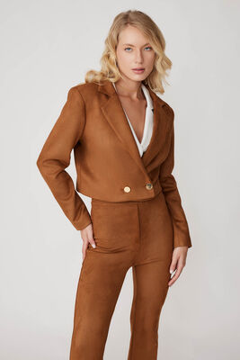 Çift Düğmeli Astarlı Crop Süet Ceket - Thumbnail (19)