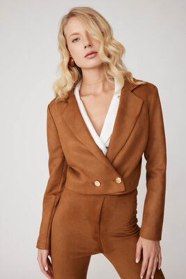 Çift Düğmeli Astarlı Crop Süet Ceket - Thumbnail (22)