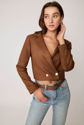 Çift Düğmeli Astarlı Crop Süet Ceket - Thumbnail (26)