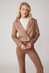 Çift Düğmeli Astarlı Crop Süet Ceket - Thumbnail (28)