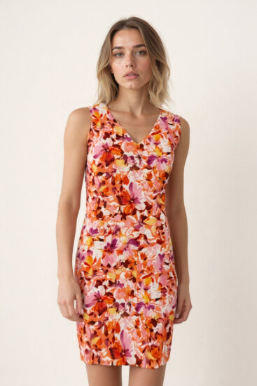 Çift V Yaka Çiçek Desen Elbise - 2