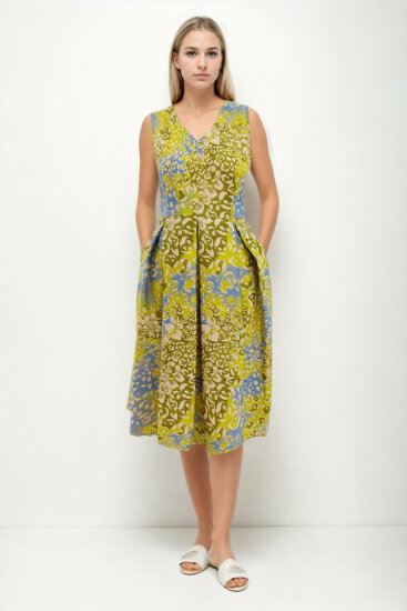 Çift V Yaka Desenli Pileli Elbise - 1